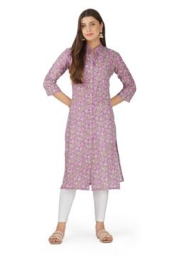 African Violet Straight Kurti for Women with Collar and Floral Foil Print
