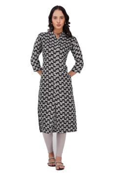 Black Straight Kurti for Women with Collar and Abstract Floral Block Print