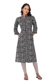 Black Straight Kurti for Women with Collar and Vertical Floral Print