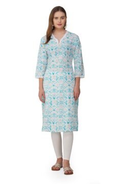 Blue Straight Kurti for Women with Lace V-Neckline and Ethnic Floral Print