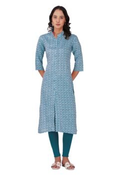 Dark Cyan Blue Straight Kurti for Women with Collar and Traditional Floral Block Print