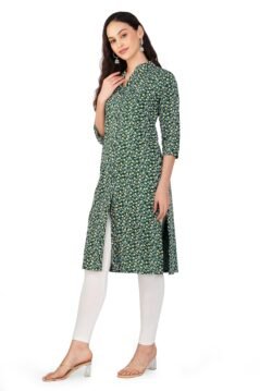 Darkgreen Straight Kurti for Women with Collar and Half-Moon Print