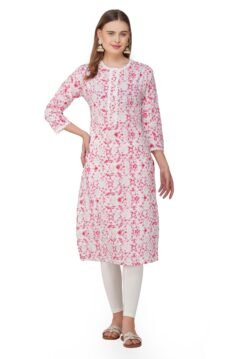 Pink Straight Kurti for Women with Ethnic Round Lace Neckline and Floral Print