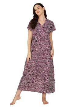 Purple Women’s Cotton Nighty with V-Neckline | Half-Moon Print & Zip Closure