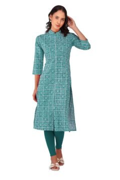Turquoise Straight Kurti for Women with Collar and Dotted Tile Print