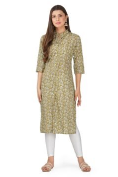 Golden Olive Straight Kurti for Women with Collar and Floral Foil Print