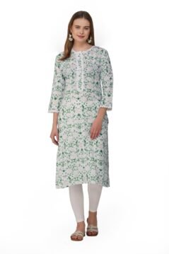 Green Straight Kurti for Women with Ethnic Round Lace Neckline and Floral Print