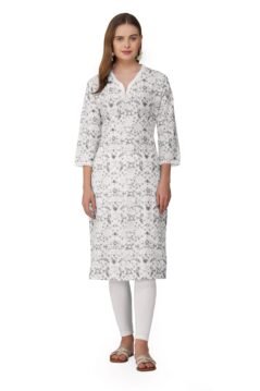 Grey Straight Kurti for Women with Lace V-Neckline and Ethnic Floral Print