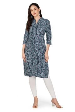 Navy Blue Straight Kurti for Women with Collar and Half-Moon Print