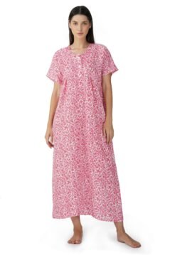 Pink Cotton Blend Nighty with Sweetheart Neckline | Floral Print & Button Closure