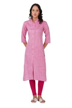 Pink Straight Kurti for Women with Collar and Traditional Floral Block Print