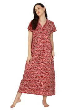 Red Women’s Cotton Nighty with V-Neckline | Half-Moon Print & Zip Closure