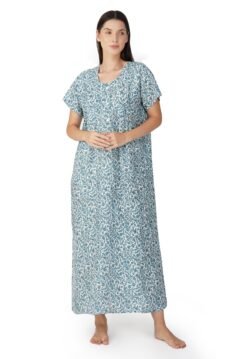 Blue Cotton Blend Nighty with Sweetheart Neckline | Floral Print & Button Closure