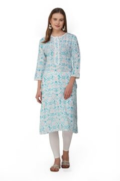 Blue Straight Kurti for Women with Ethnic Round Lace Neckline and Floral Print