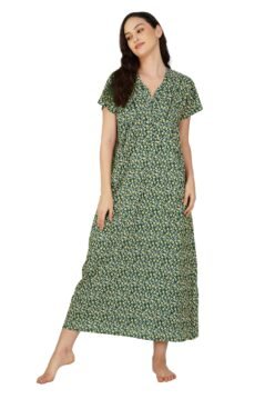 Darkgreen Women’s Cotton Nighty with V-Neckline | Half-Moon Print & Zip Closure