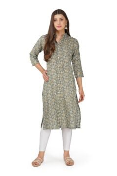 Grey Straight Kurti for Women with Collar and Floral Foil Print