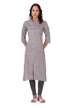 Grey Straight Kurti for Women with Collar and Traditional Floral Block Print