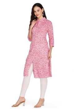 Hot Pink Straight Kurti for Women with Collar and Floral Block Print