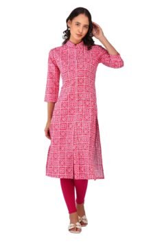 Pink Straight Kurti for Women with Collar and Dotted Tile Print