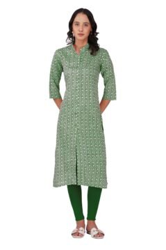 Forest Green Straight Kurti for Women with Collar and Traditional Floral Block Print