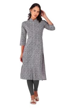 Grey Straight Kurti for Women with Collar and Dotted Tile Print