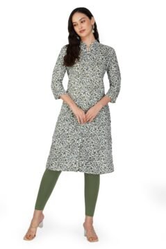 Olive Gray Straight Kurti for Women with Collar and Floral Block Print