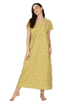 Yellow Women’s Cotton Nighty with V-Neckline | Half-Moon Print & Zip Closure