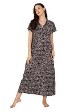 Black Women’s Cotton Nighty with V-Neckline | Half-Moon Print & Zip Closure