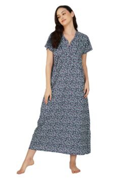 Navy Blue Women’s Cotton Nighty with V-Neckline | Half-Moon Print & Zip Closure