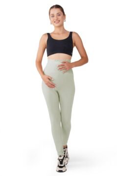 Pale Olive Women’s Cotton Maternity Leggings with Adjustable Abdominal Waist