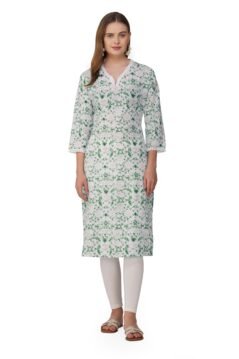 Green Straight Kurti for Women with Lace V-Neckline and Ethnic Floral Print